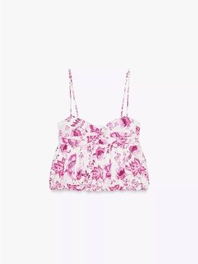Zara Pink Floral Printed Top with Openwork Embroidery